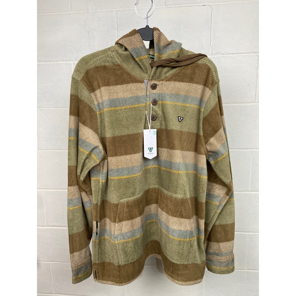 Vissla Eco-Zy Striped Fleece Henley Pullover Hoodie Button Up Outdoors Medium